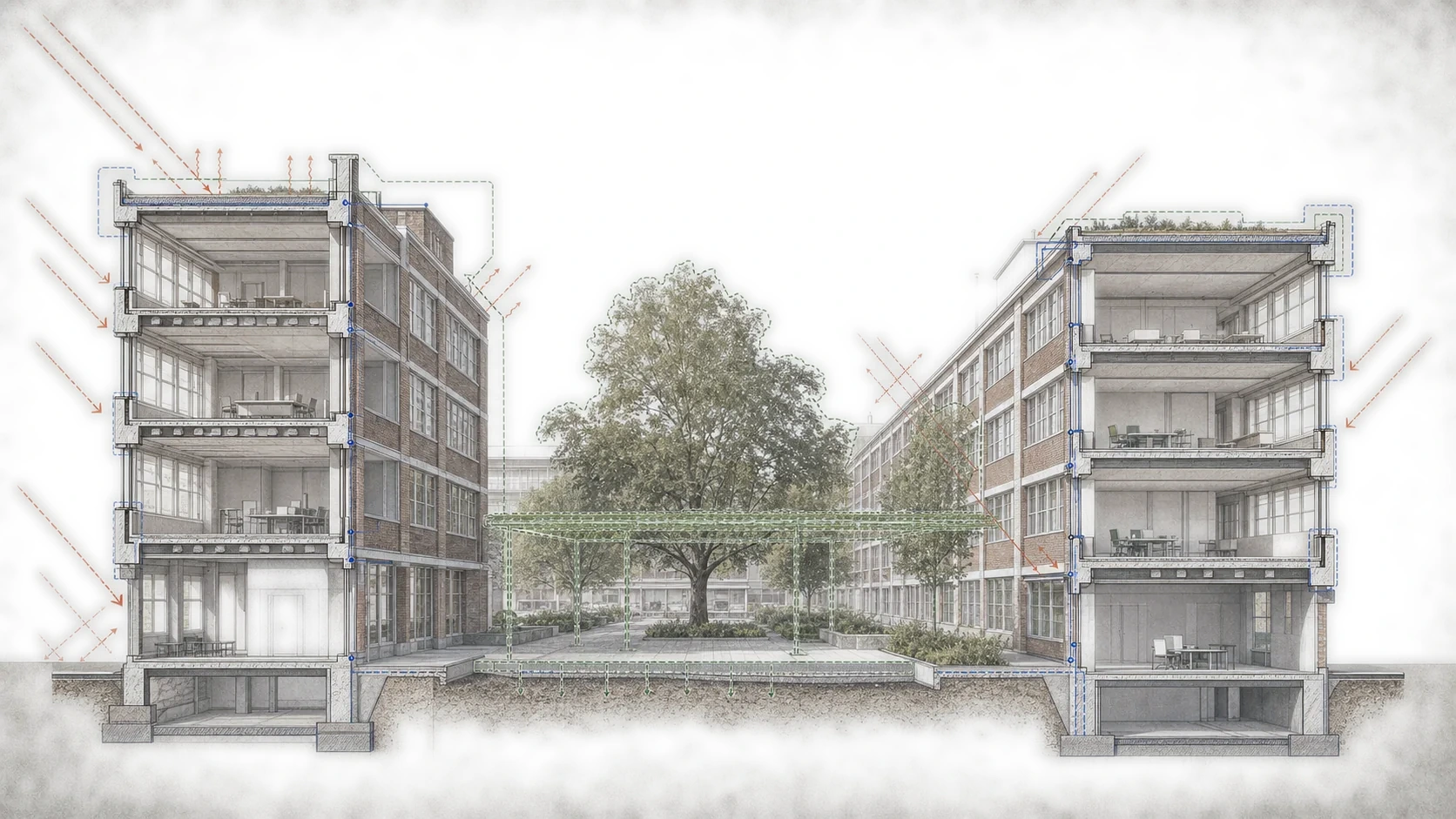 Illustrative architectural section through a sample commercial courtyard, separating external climate context from indoor and professional evidence requirements